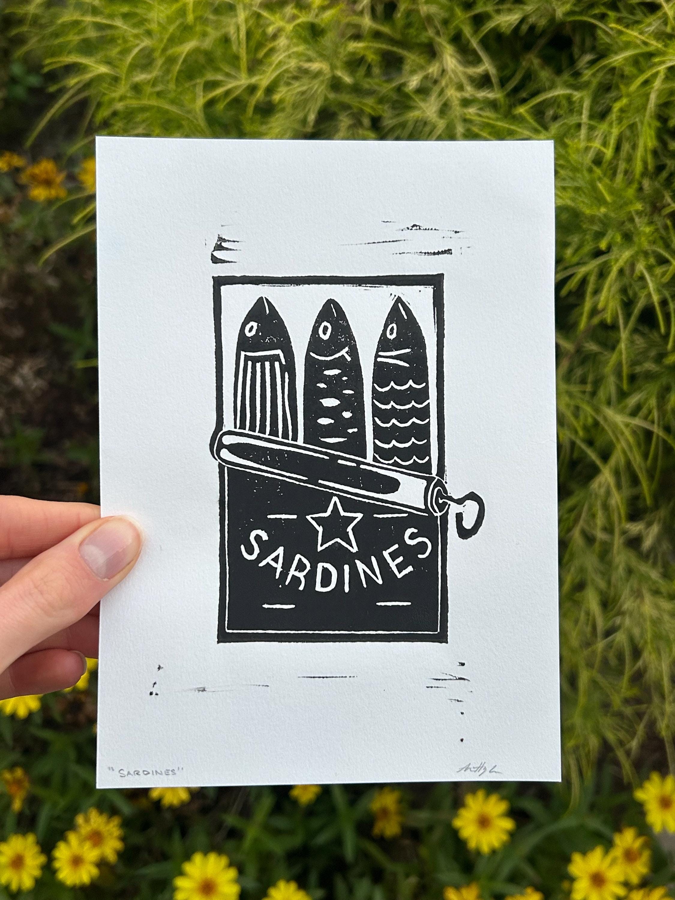 Sardines Linocut Block Print Artwork | 5x7 | Red, Blue or Black Color Options