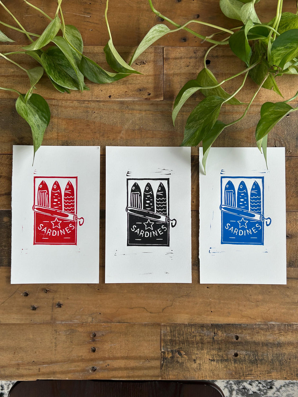 Sardines Linocut Block Print Artwork | 5x7 | Red, Blue or Black Color Options