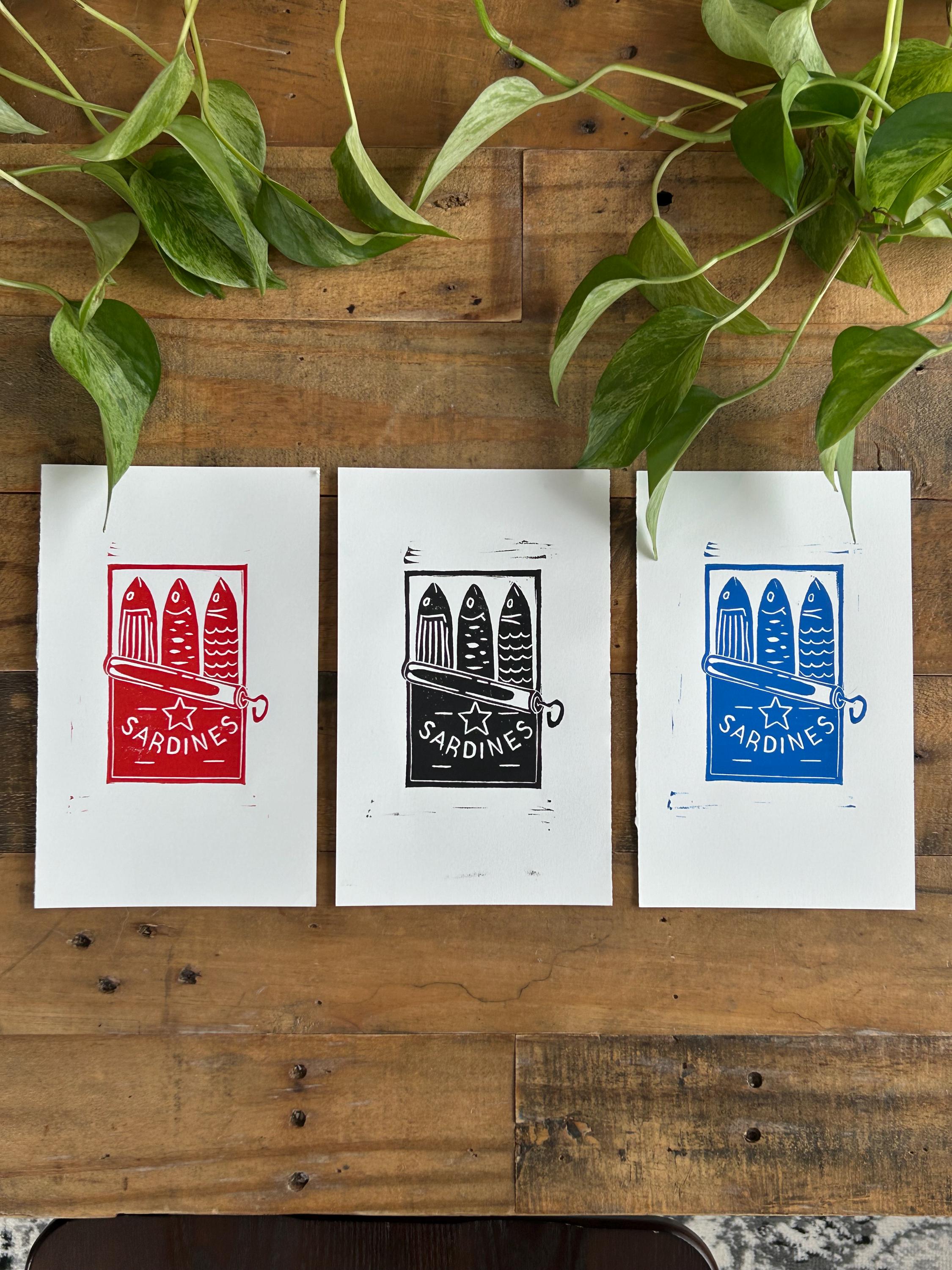 Sardines Linocut Block Print Artwork | 5x7 | Red, Blue or Black Color Options