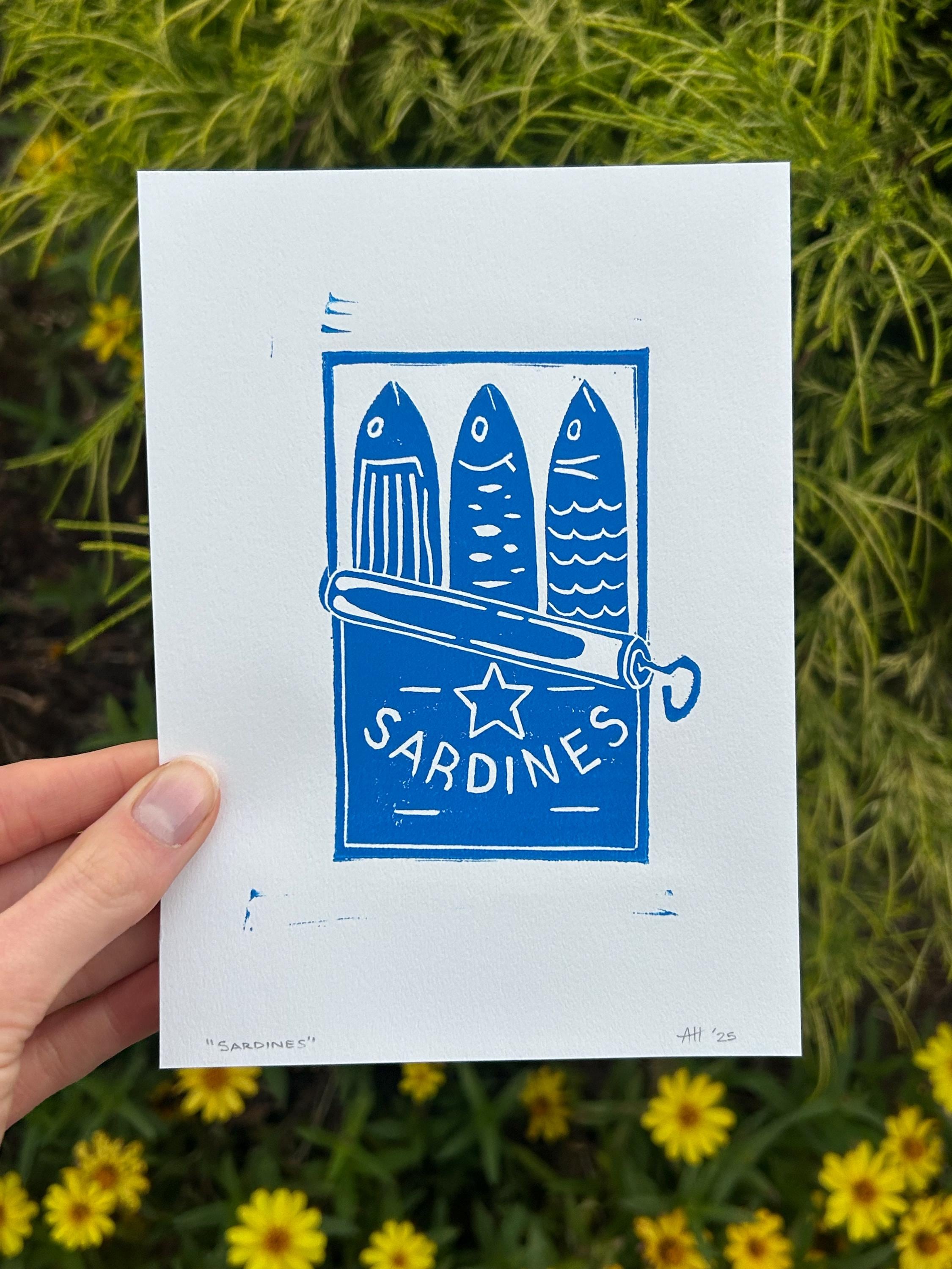 Sardines Linocut Block Print Artwork | 5x7 | Red, Blue or Black Color Options