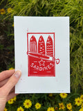 Sardines Linocut Block Print Artwork | 5x7 | Red, Blue or Black Color Options
