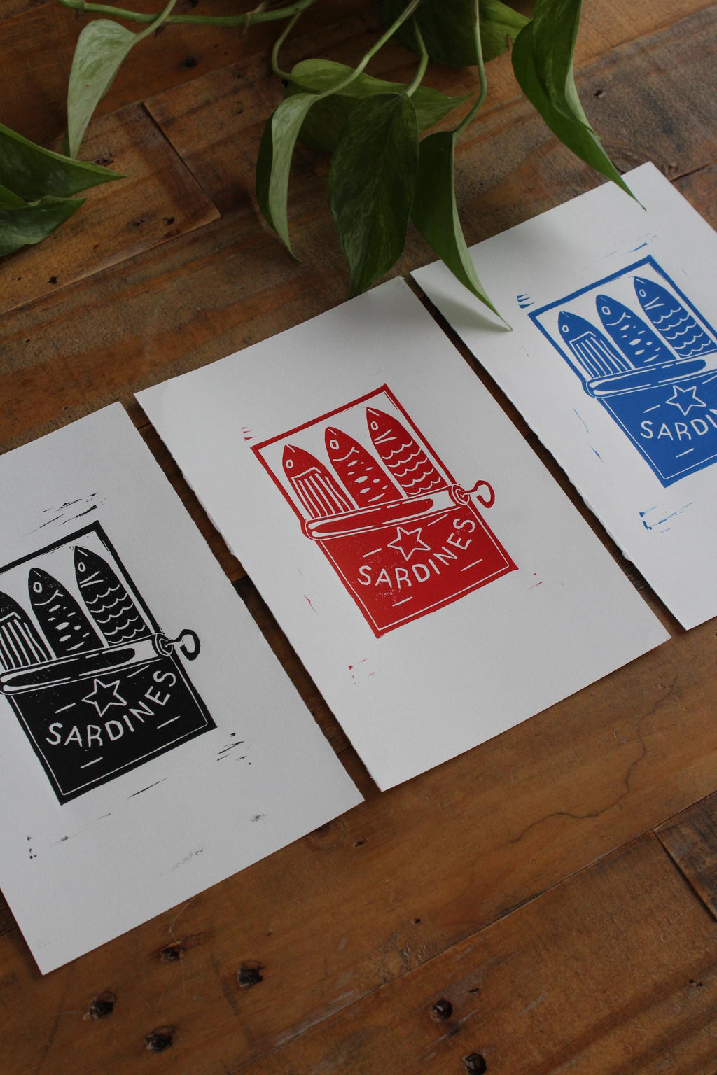 Sardines Linocut Block Print Artwork | 5x7 | Red, Blue or Black Color Options
