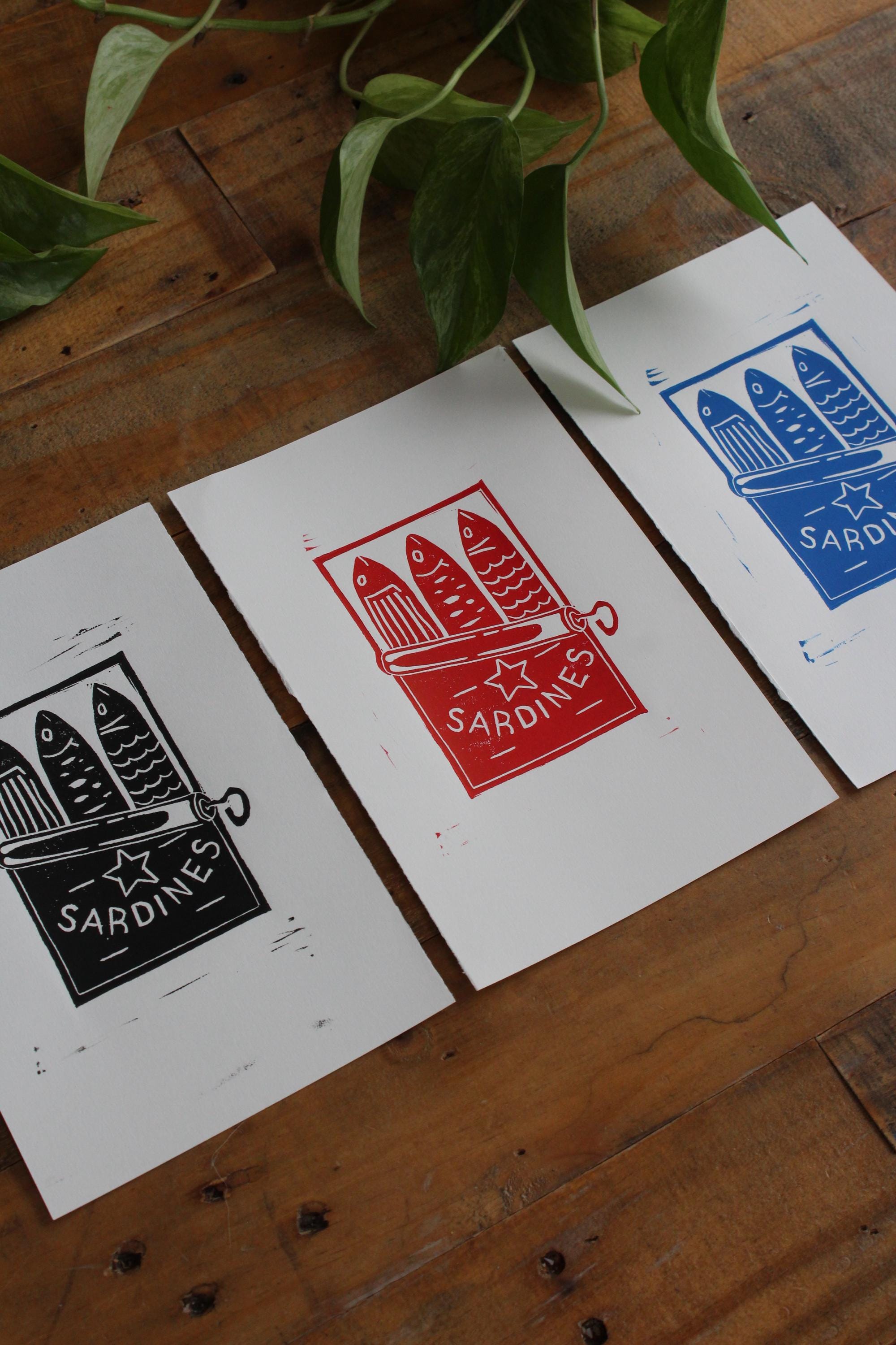 Sardines Linocut Block Print Artwork | 5x7 | Red, Blue or Black Color Options