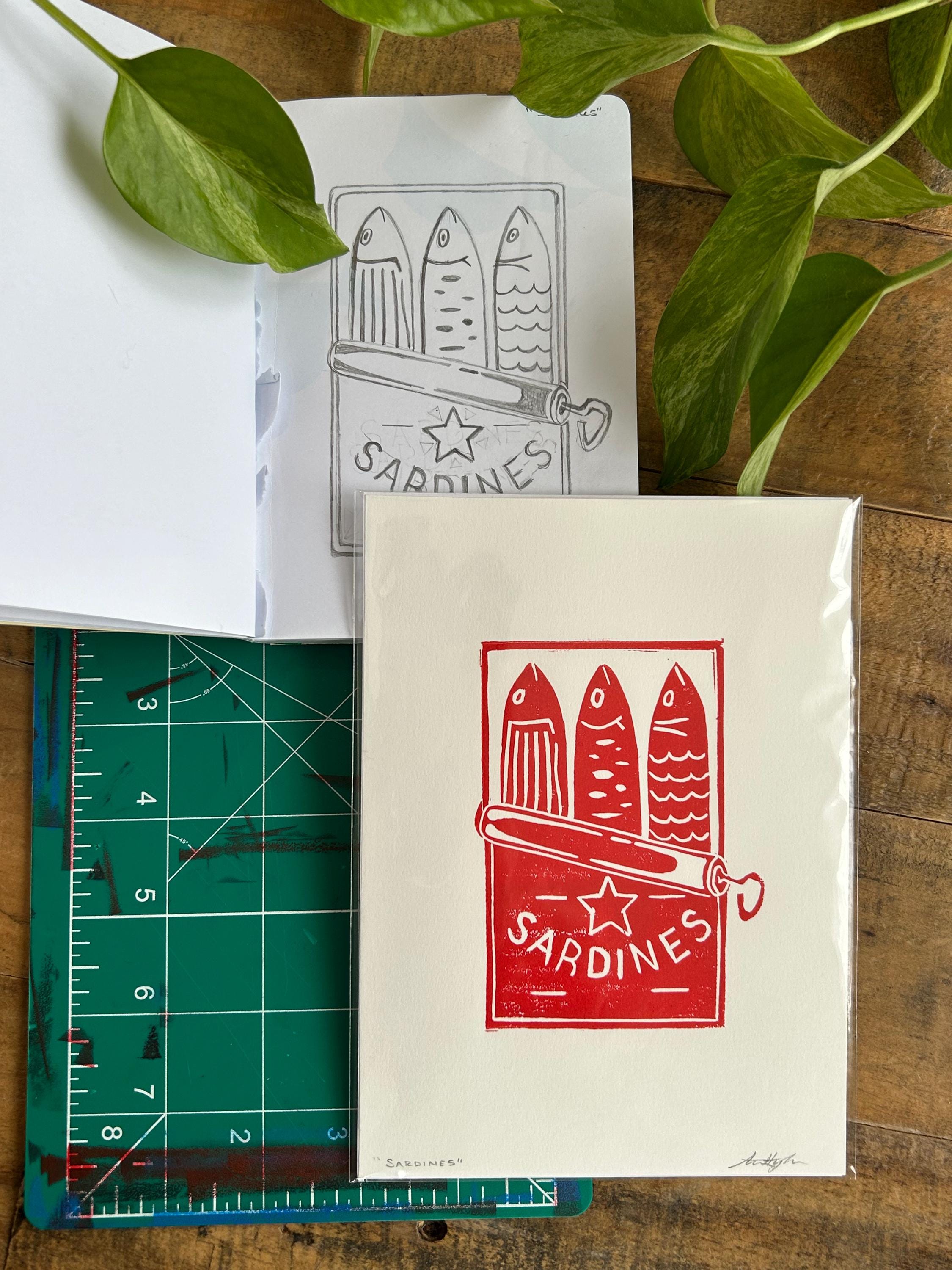 Sardines Linocut Block Print Artwork | 5x7 | Red, Blue or Black Color Options